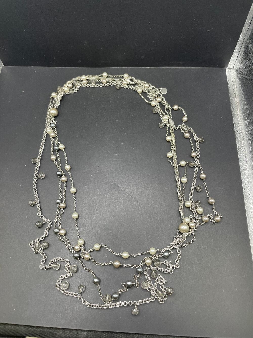 Vintage Women's Multi Strand Faux White & Gray Pearl Crystal Statement Necklace